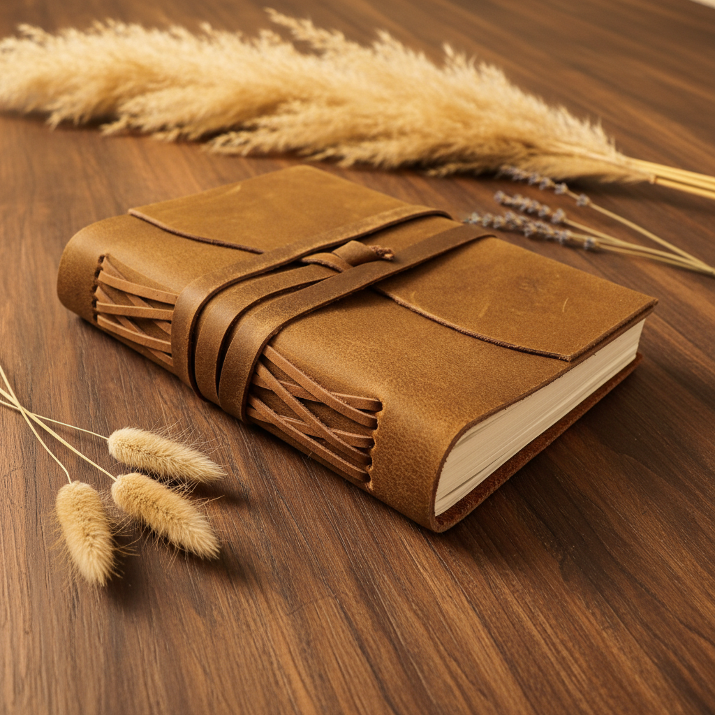 Leather journal on dark walnut with golden hour light