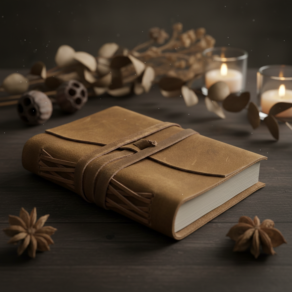 Leather journal with moody botanical background