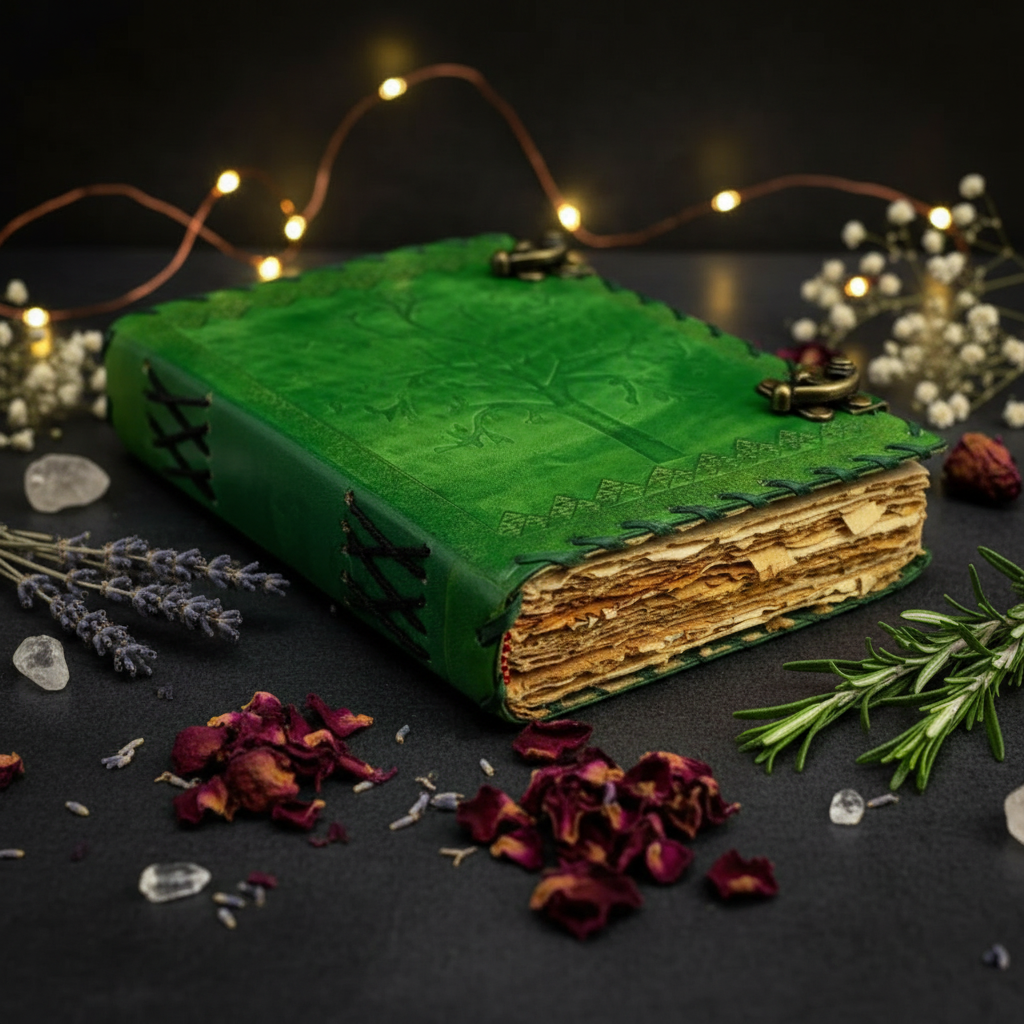 Green leather journal with tree of life embossing and brass corner clasps, tied look