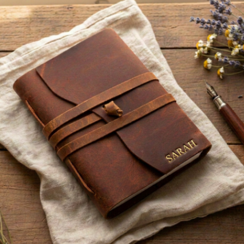 Personalised leather journal Australia with clasp strap and gold hot-stamped name  SARAH— handmade leather journal gift for her