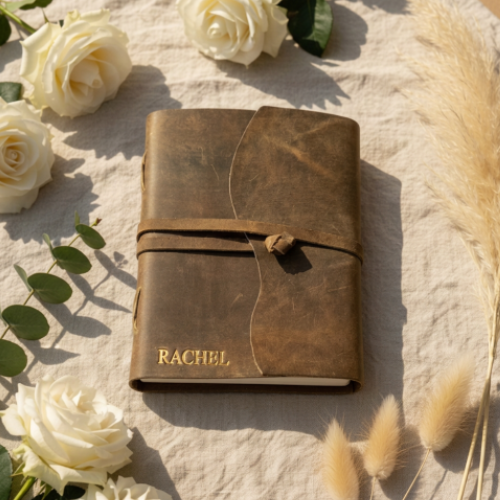 Personalised leather journal Australia with gold embossed name RACHEL, flat lay with white roses and pampas grass — handmade leather journal gift for her