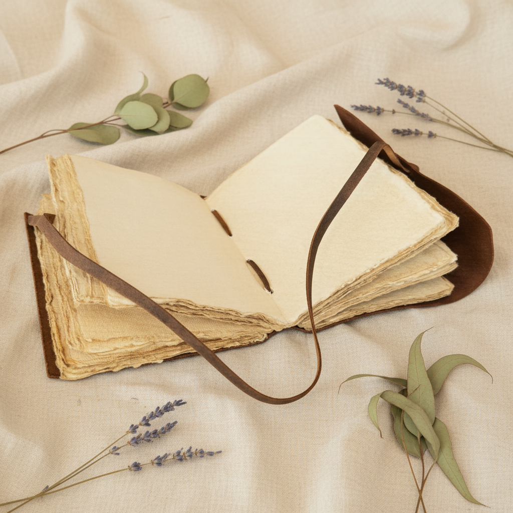Open dark brown leather sketchbook with tied leather strap and blank pages