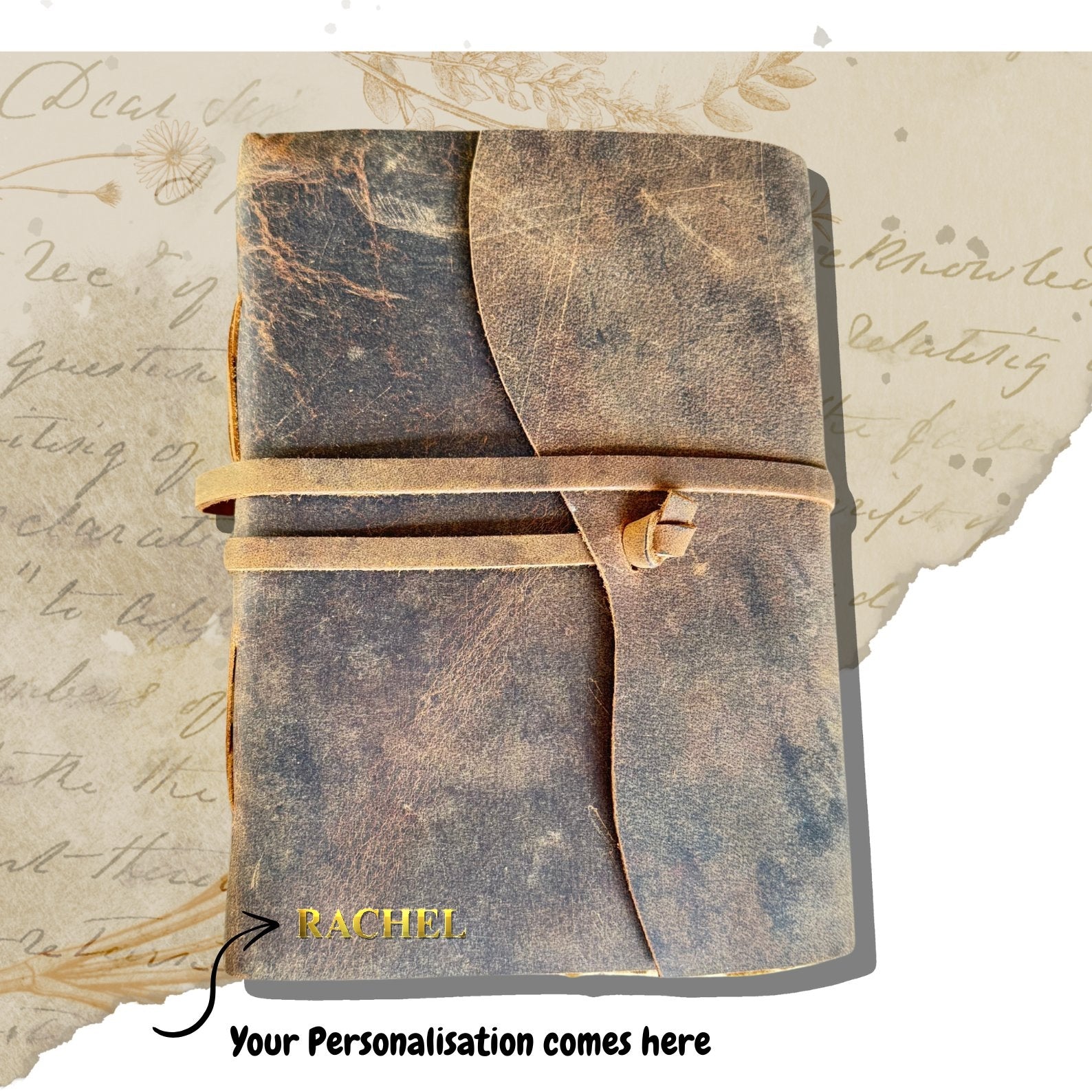 Brown leahter journal personalised with the nmae Rachel in gold foil embossed on bottom left side of journal. 