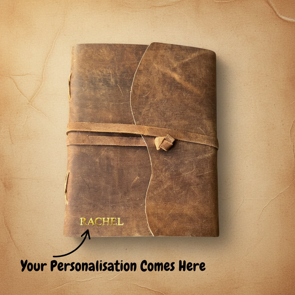Brown leather journal with 'RACHEL' personalized name on a beige background