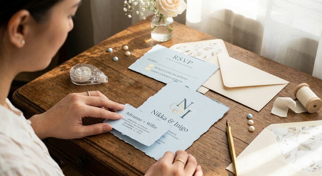 Blue RSVP wedding invitations on a wooden table, one card being placed by hand