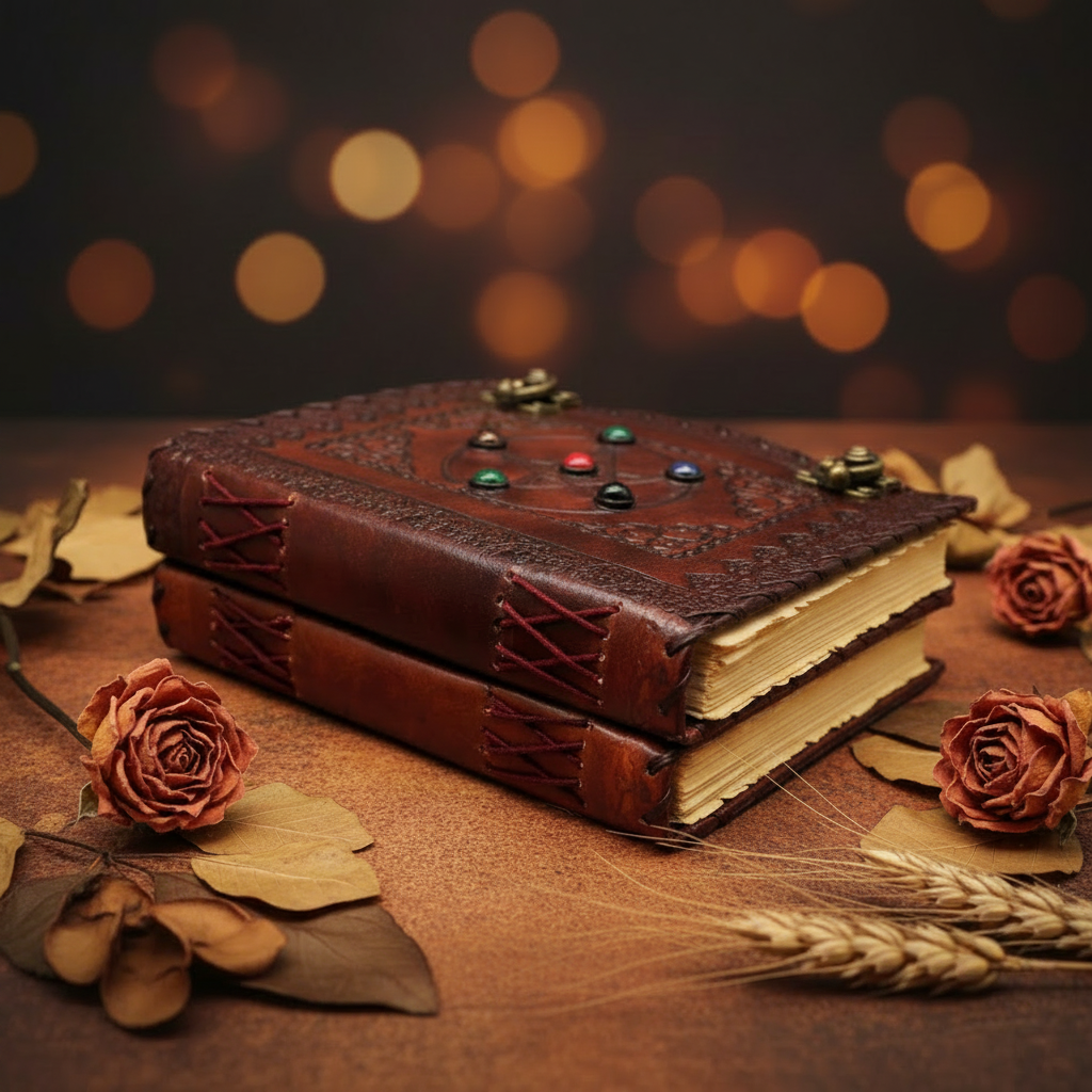 Brown leather sketchbook, closed with embossed cover, stitched spine and brass corner accents