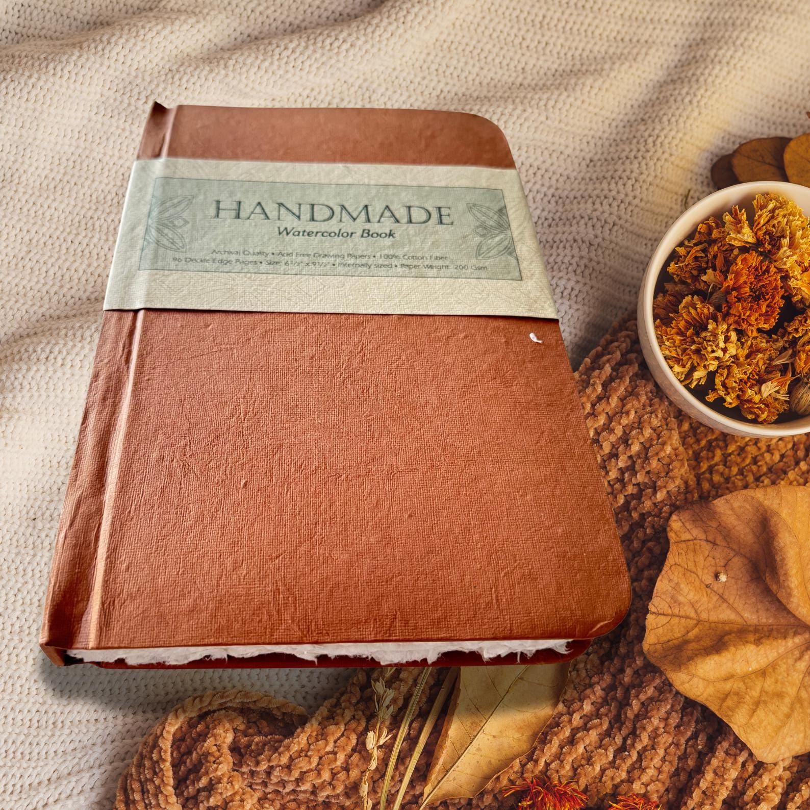 Watercolor journal on a asthetic background with dried leaves and marigolds on the side