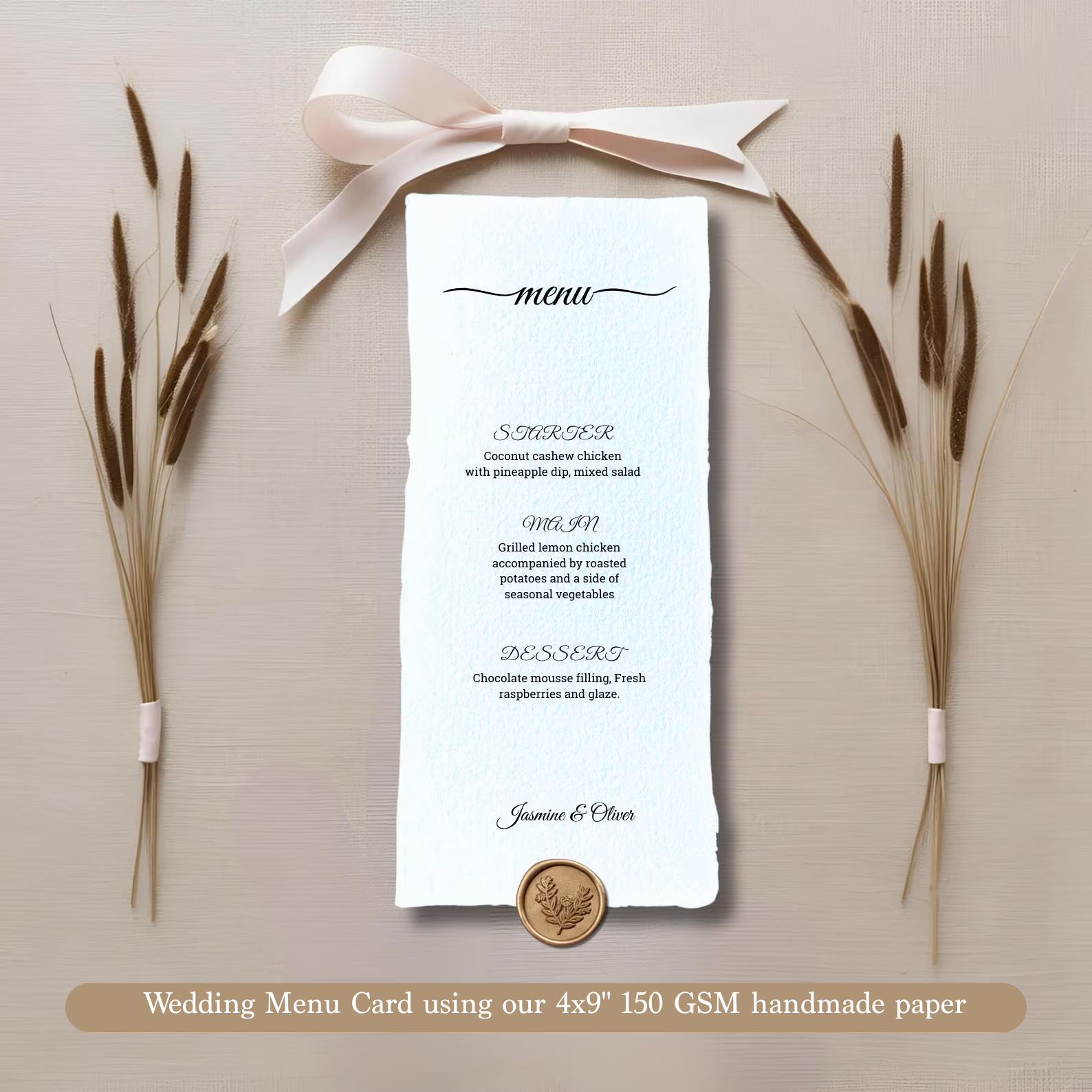 Wedding menu card on white handmade deckle edge paper.