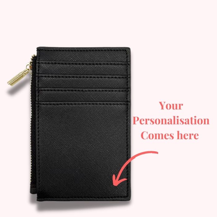 Black Leather card wallet iwith personalisation details