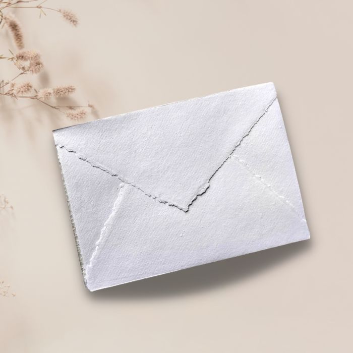 Handmade C5 envelope, white textured flap with stitched V-shaped seam