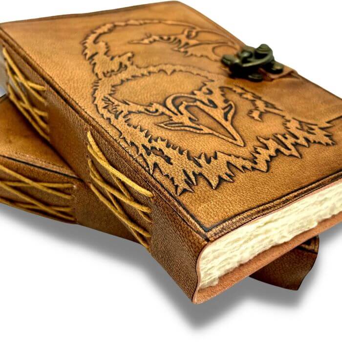 2 full-grain leather bound journals with eagle embossed design with brass lock