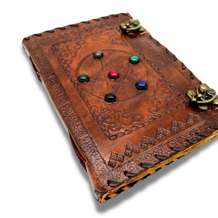 KAi full grain leather journal with 2 brass locks and a beautiful embossed star design with five stones