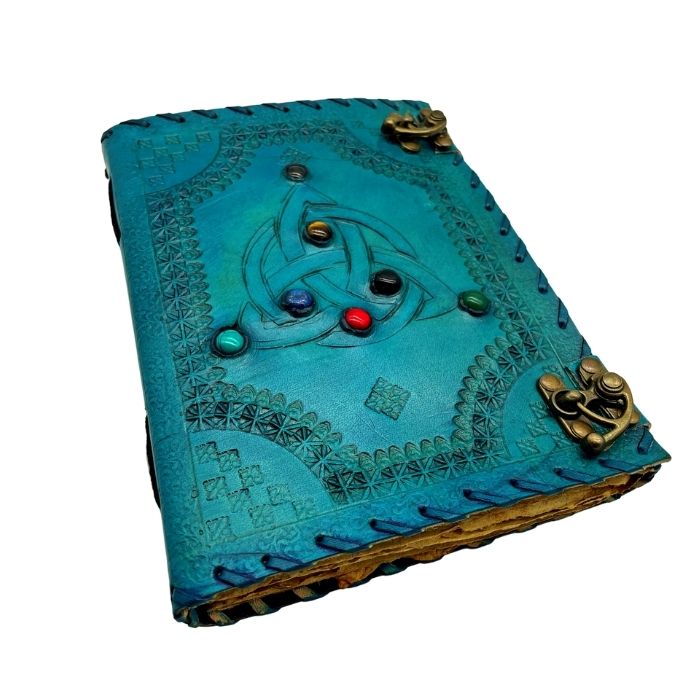 Turquoise leather journal with 7 multicolour stone embossed design 