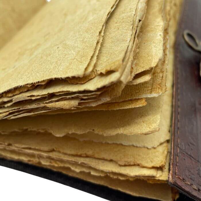 Close up of antique look pages of brown leather journal