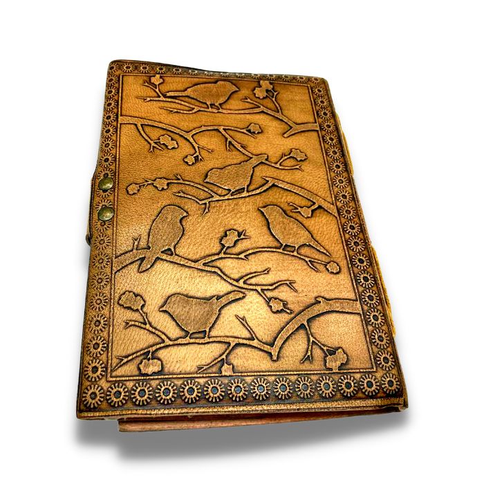 Back of Brown Leather journal with embossed bird design 