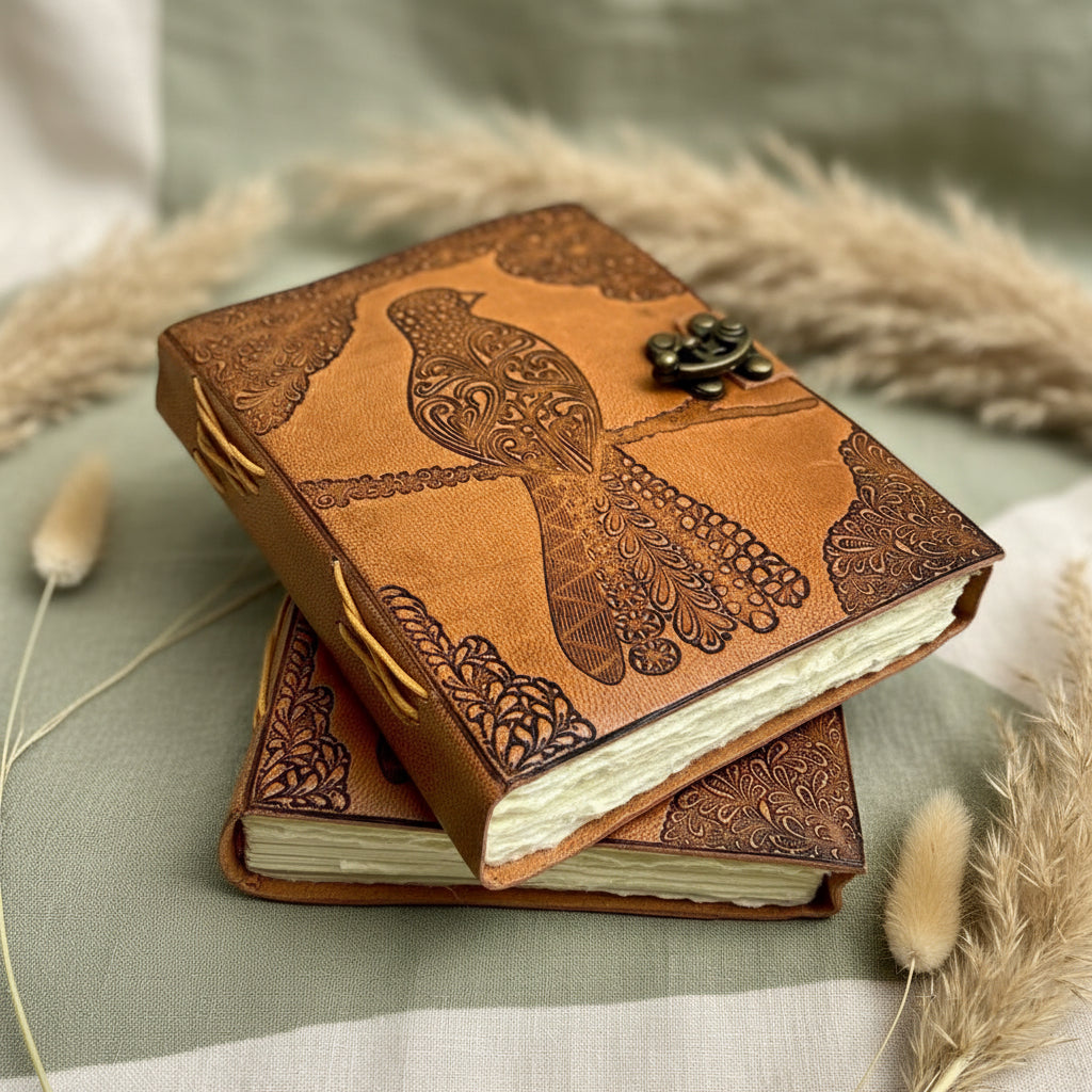 Brown leather journal with embossed bird design and metal clasp, opened to pages