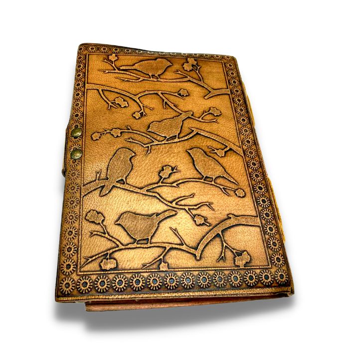 Back of Brown Leather journal travel with bird embossed design