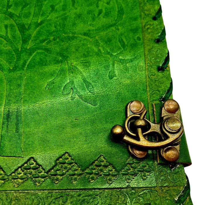 Close up of brass lock of Milo leather journal vintage